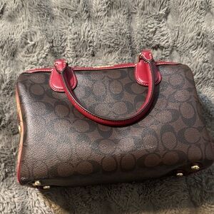 Coach Brown Signature Satchel with Red Leather Trim